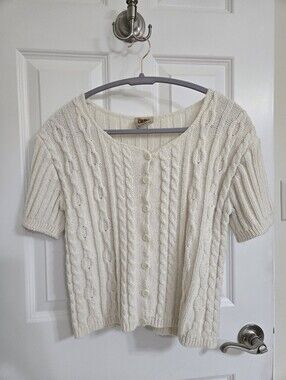 Vintage 90s Cream Knit Short Sleeve Sweater Cottagecore Coastal M